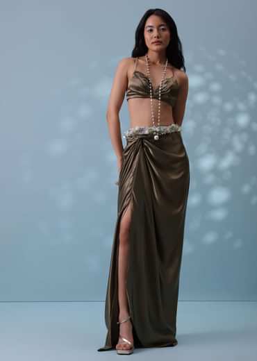 Chocolate Brown Indowestern Skirt Set With Jacket In Milano Organza