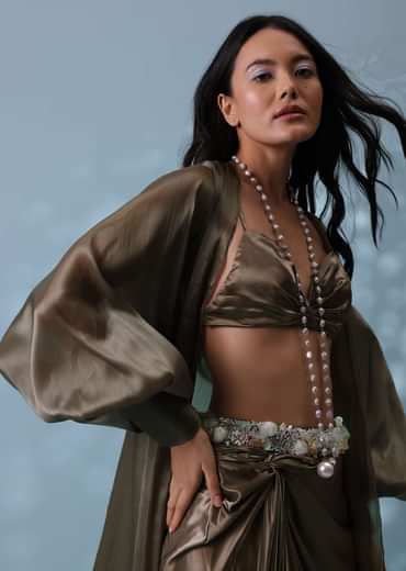 Chocolate Brown Indowestern Skirt Set With Jacket In Milano Organza