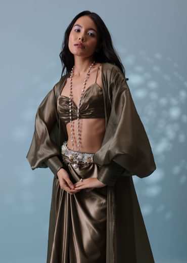 Chocolate Brown Indowestern Skirt Set With Jacket In Milano Organza