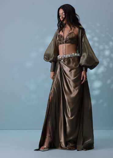 Chocolate Brown Indowestern Skirt Set With Jacket In Milano Organza