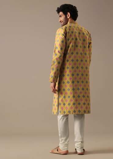 Chrome Yellow Embroidered Kurta Set in Jacquard