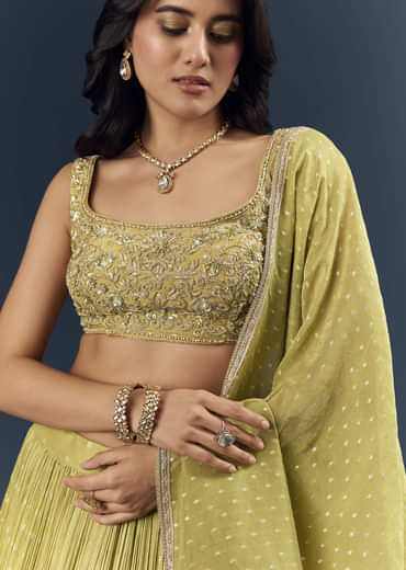 Citrus Green Banarasi Silk Bridesmaid Lehenga With Delicate Hand Embroidery