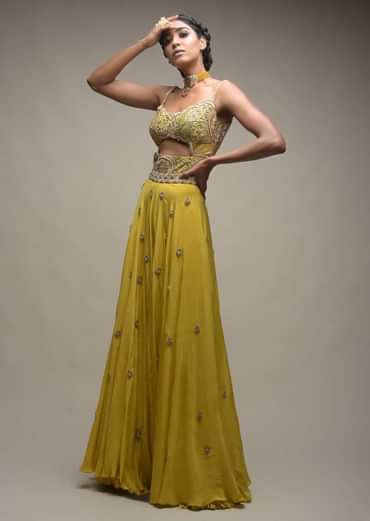 Citrus Jumpsuit In Crepe With Front Cut Out And Zardozi Embroidered Floral Jaal