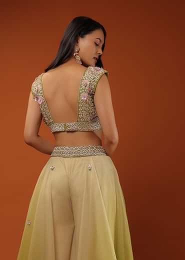 Citrus Green Palazzo Set With A Crop Top In Mirror Work Floral Embroidered Butttis
