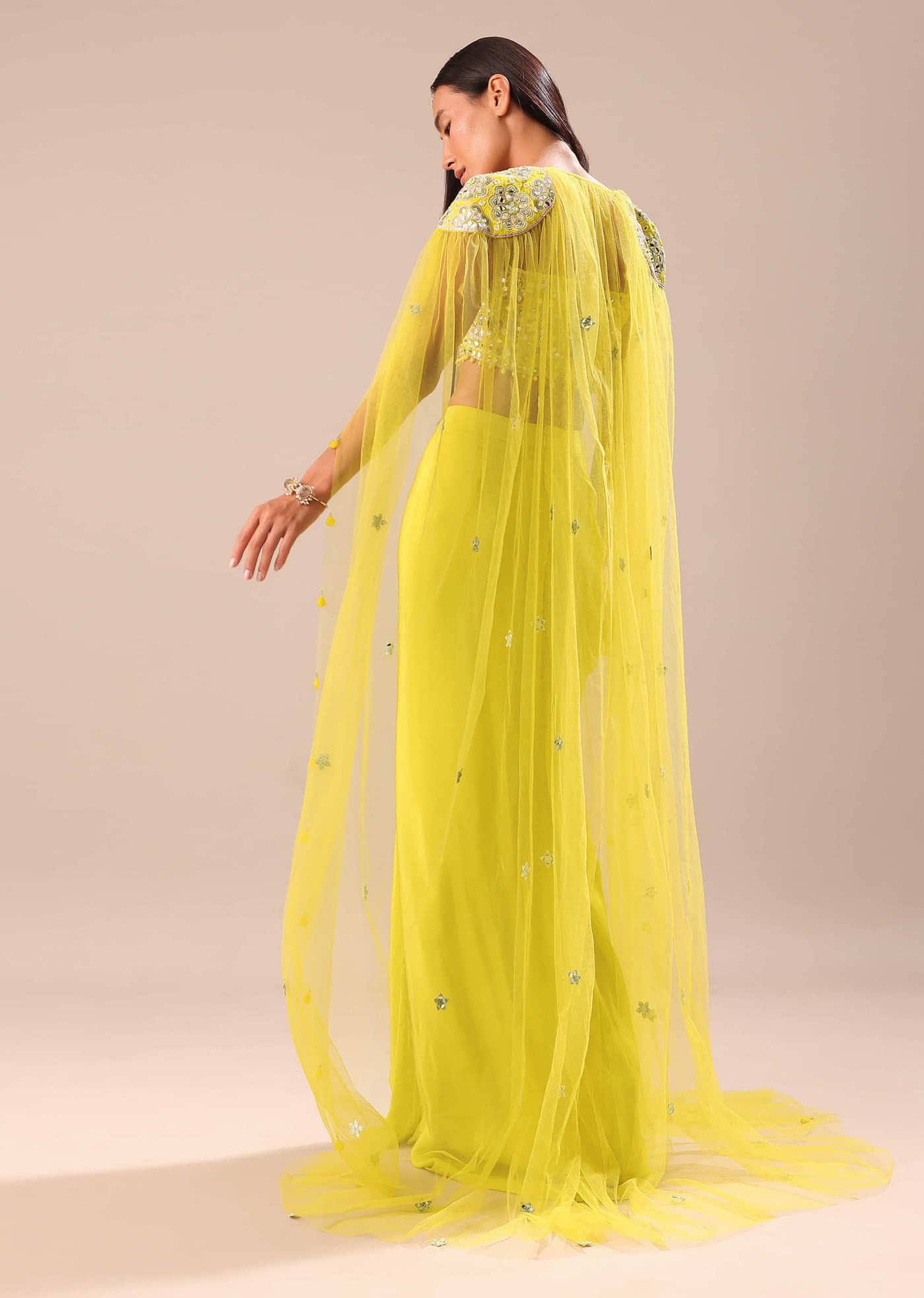 Citrus Green Draped Skirt With Embroidered Blouse And Cape