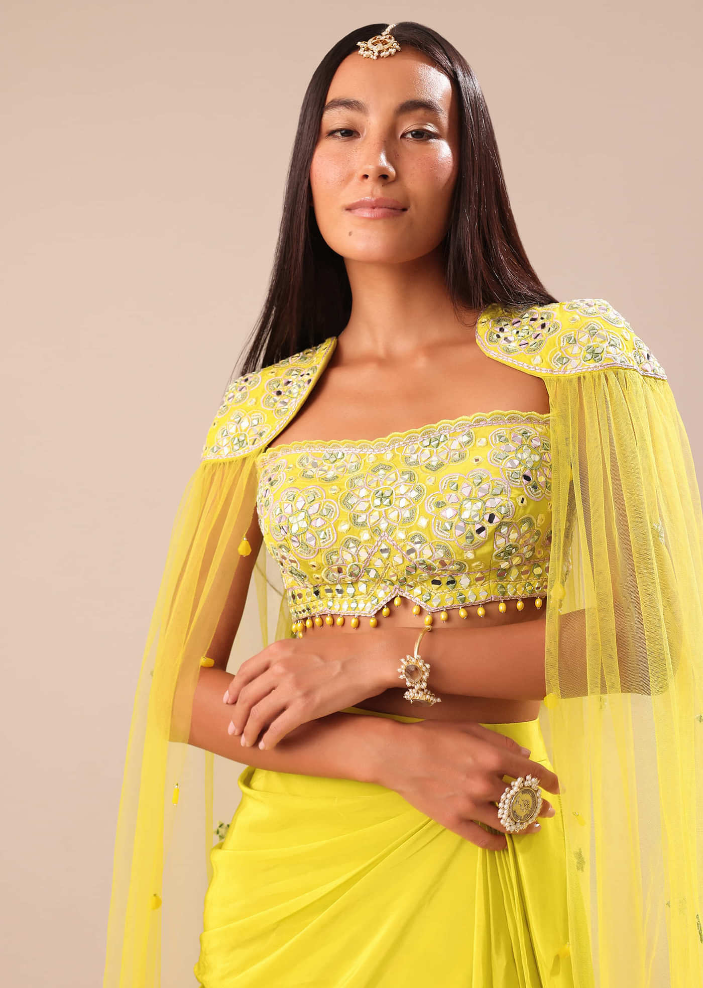 Citrus Green Draped Skirt With Embroidered Blouse And Cape