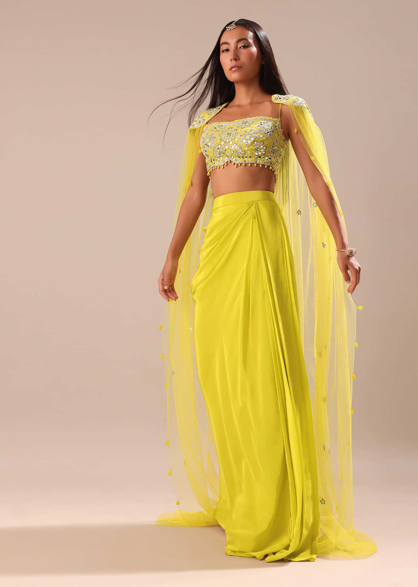 Citrus Green Draped Skirt With Embroidered Blouse And Cape