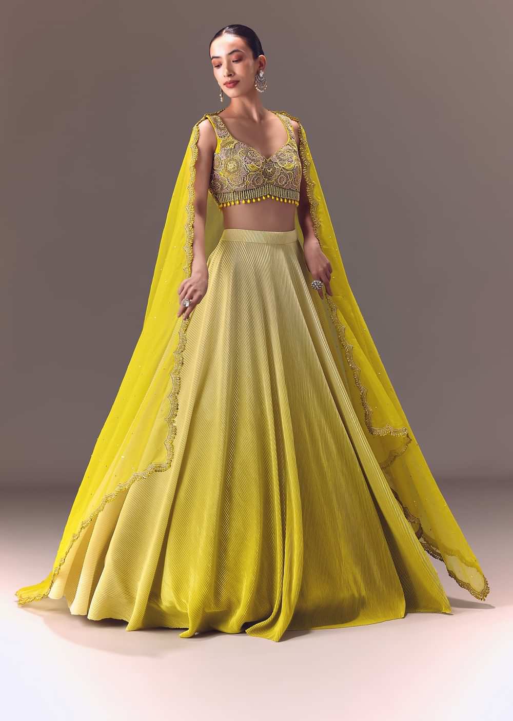 Citrus Green Ombre Crushed Lehenga Set With Organza Dupatta