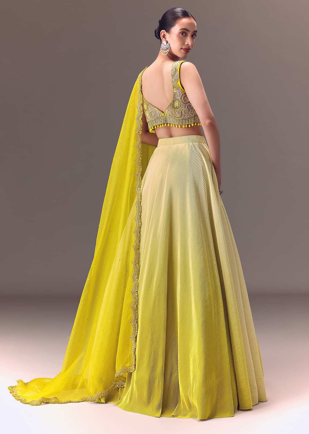 Citrus Green Ombre Crushed Lehenga Set With Organza Dupatta