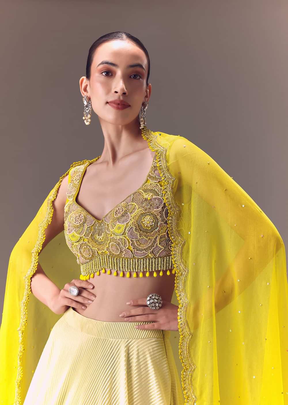 Citrus Green Ombre Crushed Lehenga Set With Organza Dupatta