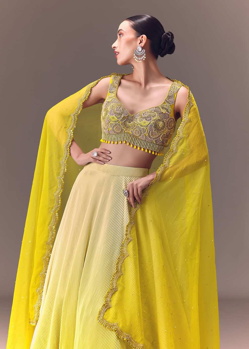 Citrus Green Ombre Crushed Lehenga Set With Organza Dupatta