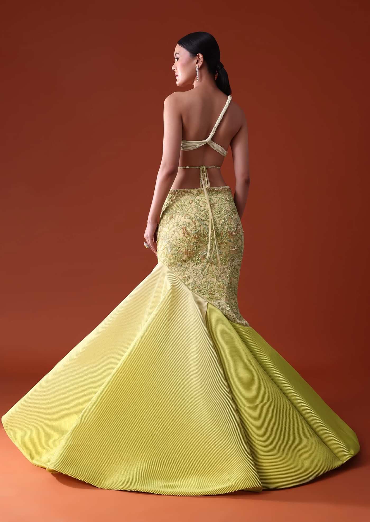 Citrus Green Pre Pleated Fish Cut Skirt And Choker Dupatta Set