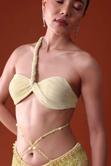 Citrus Green Pre Pleated Fish Cut Skirt And Choker Dupatta Set