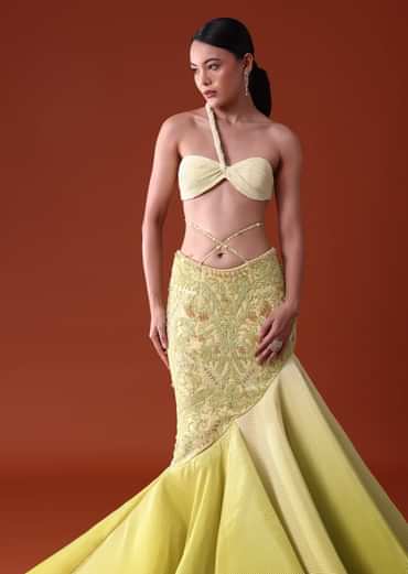 Citrus Green Pre Pleated Fish Cut Skirt And Choker Dupatta Set