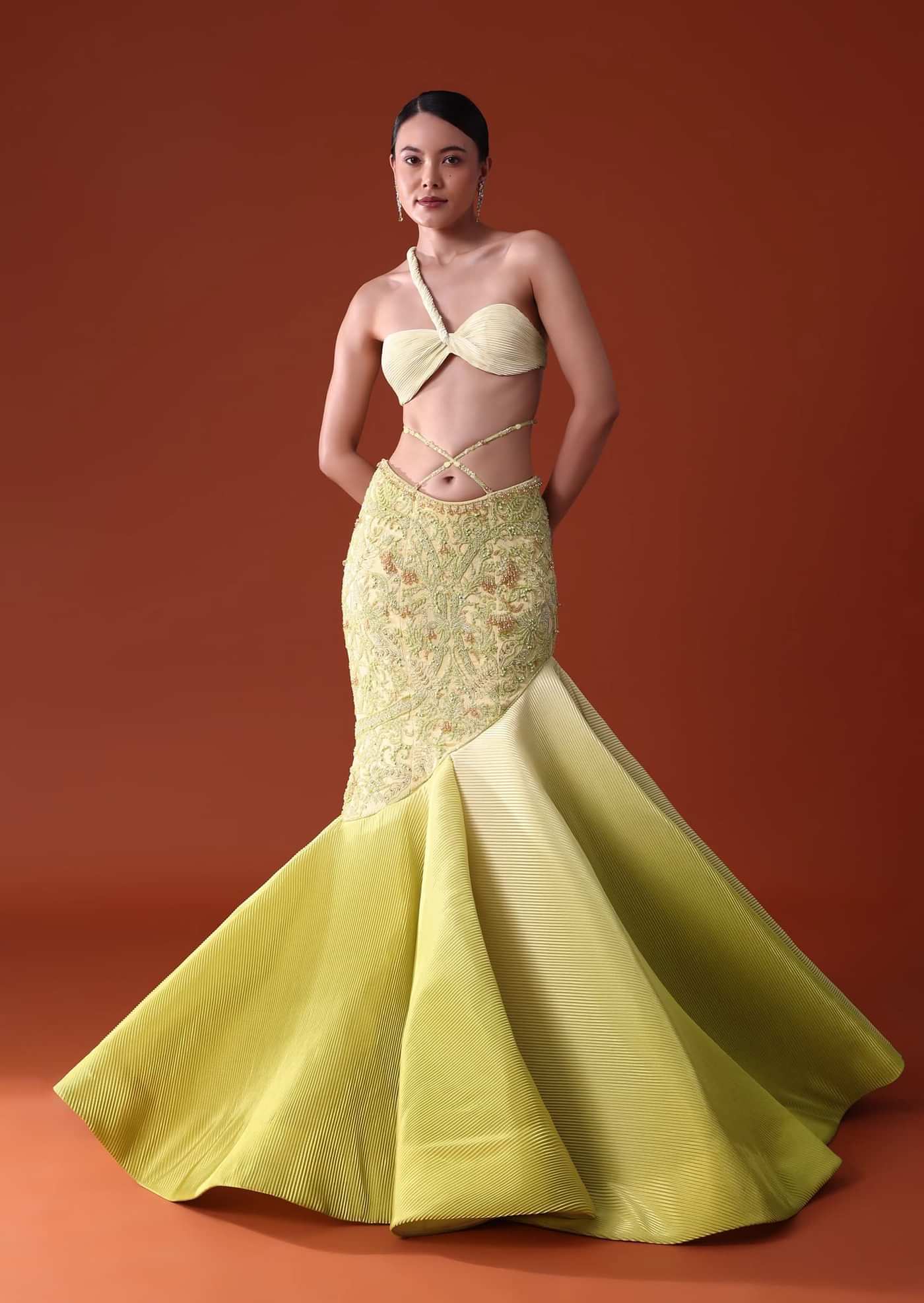 Citrus Green Pre Pleated Fish Cut Skirt And Choker Dupatta Set