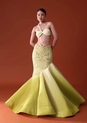 Citrus Green Pre Pleated Fish Cut Skirt And Choker Dupatta Set