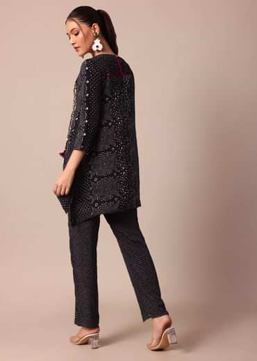 Classic Black Silk Printed Embroidery Kurta Pant Set