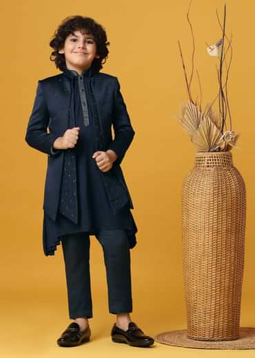 Classic Blue Silk Sherwani Set For Boys
