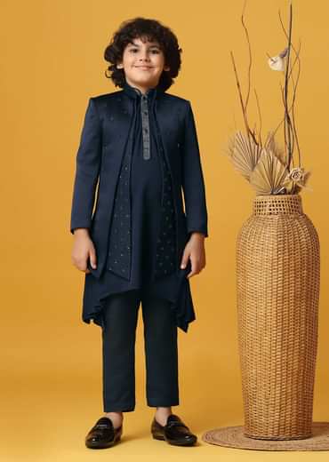 Classic Blue Silk Sherwani Set For Boys