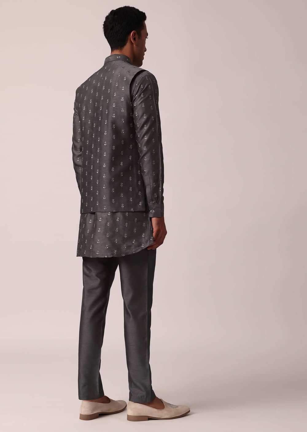 Classic Grey Silk Embroidered Jacket Kurta Set