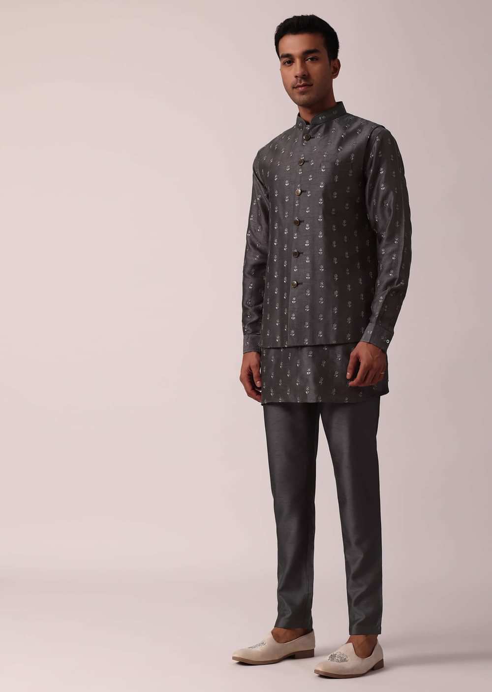 Classic Grey Silk Embroidered Jacket Kurta Set