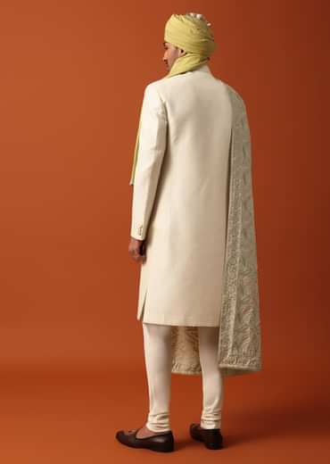 Classic White Neckline Embroidered Sherwani With Pashmina Dupatta