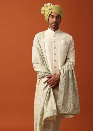 Classic White Neckline Embroidered Sherwani With Pashmina Dupatta