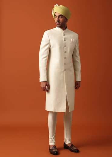 Classic White Neckline Embroidered Sherwani With Pashmina Dupatta