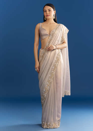 Cloud Grey Organza Tissue Saree With Embellished Border