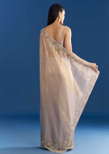 Cloud Grey Organza Tissue Saree With Embellished Border