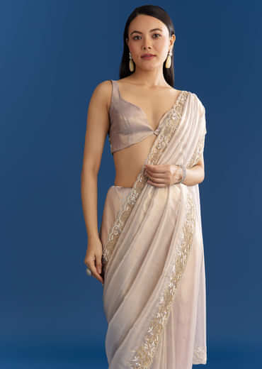 Cloud Grey Organza Tissue Saree With Embellished Border