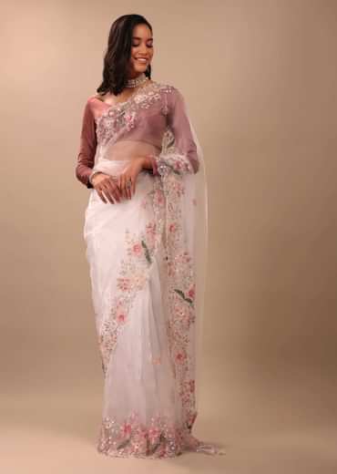 Daisy Dancer White Saree In Organza With 3D Floral Embroidery