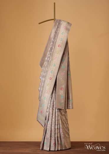 Cloud Grey Handloom Banarasi Saree In Katan Silk With 3-Gram Real Zari Weave And Unstitched Blouse