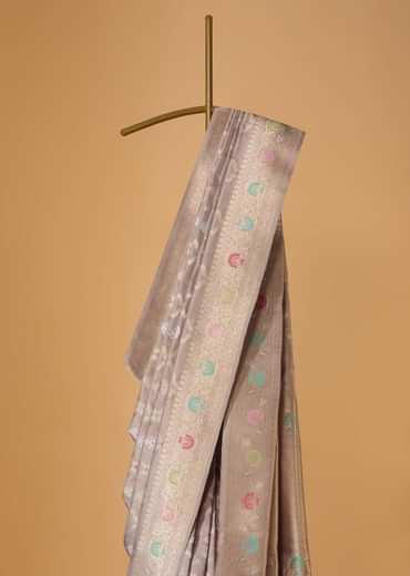 Cloud Grey Handloom Banarasi Saree In Katan Silk With 3-Gram Real Zari Weave And Unstitched Blouse