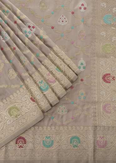 Cloud Grey Handloom Banarasi Saree In Katan Silk With 3-Gram Real Zari Weave And Unstitched Blouse