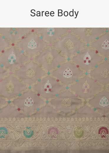 Cloud Grey Handloom Banarasi Saree In Katan Silk With 3-Gram Real Zari Weave And Unstitched Blouse