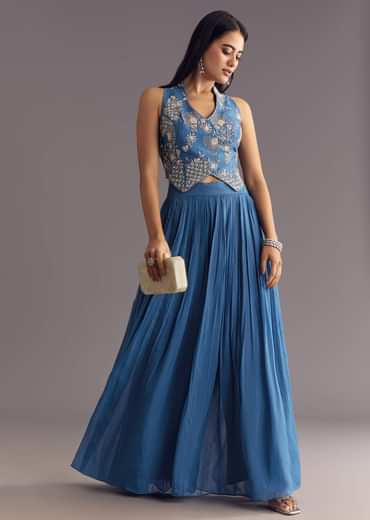 Cobalt Blue Georgette Croptop Palazzo Suit With Embroidery