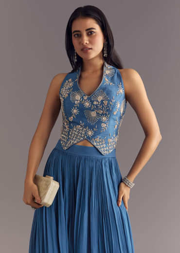 Cobalt Blue Georgette Croptop Palazzo Suit With Embroidery