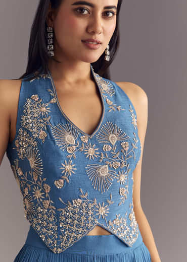 Cobalt Blue Georgette Croptop Palazzo Suit With Embroidery
