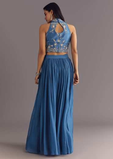 Cobalt Blue Georgette Croptop Palazzo Suit With Embroidery