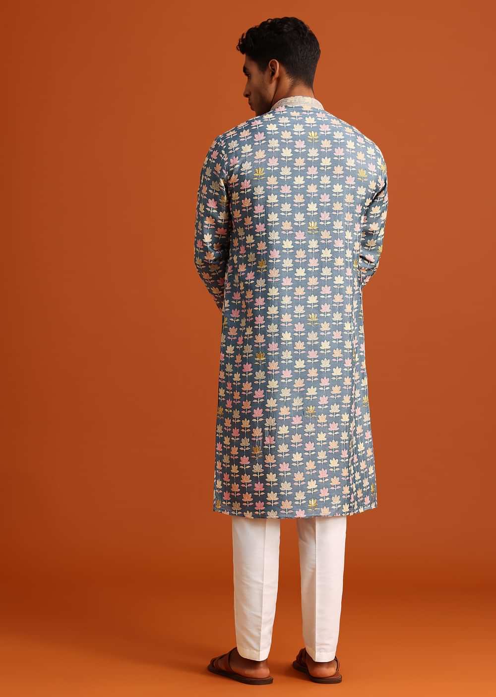 Cobalt Blue Printed Silk Kurta And Pant Set