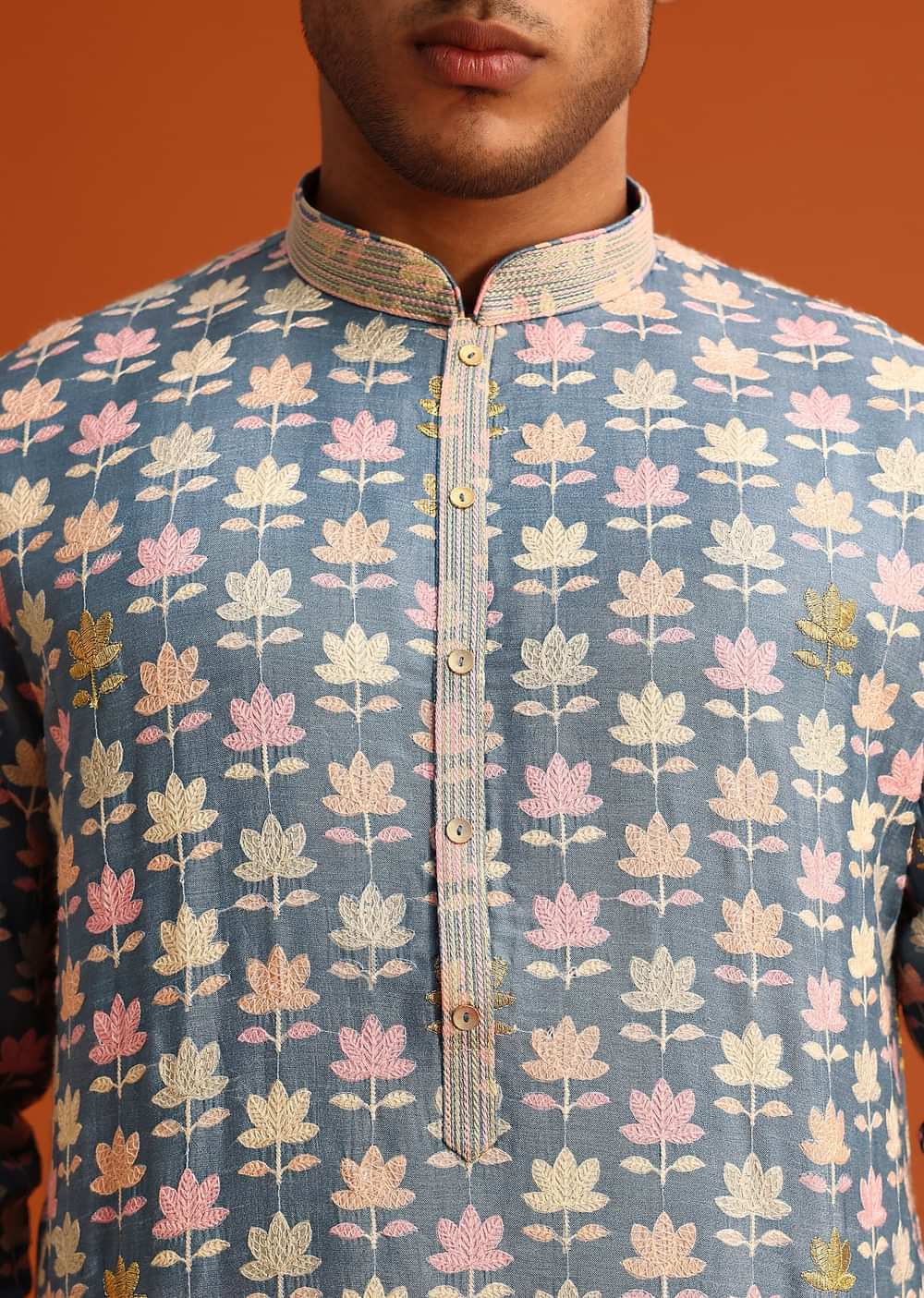 Cobalt Blue Printed Silk Kurta And Pant Set