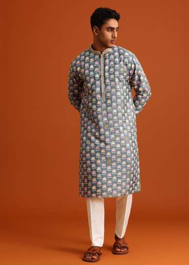 Cobalt Blue Printed Silk Kurta And Pant Set