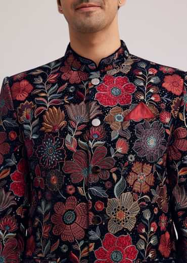 Coffee Brown Velvet Jodhpuri Set With Floral Embroidery