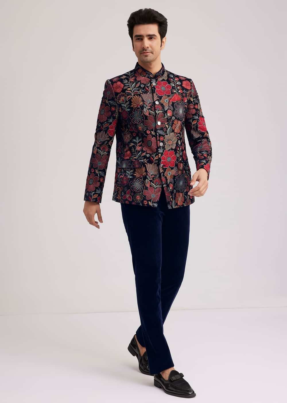 Coffee Brown Velvet Jodhpuri Set With Floral Embroidery