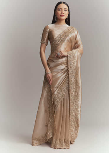 Copper Tissue Embroidered Saree With Heavy Hand Embroidery