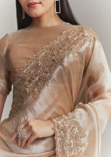 Copper Tissue Embroidered Saree With Heavy Hand Embroidery
