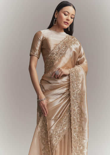 Copper Tissue Embroidered Saree With Heavy Hand Embroidery