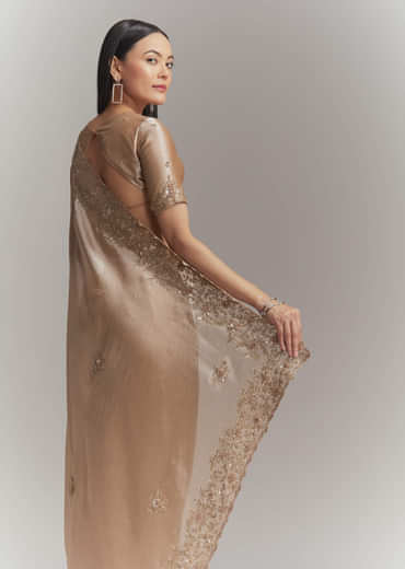 Copper Tissue Embroidered Saree With Heavy Hand Embroidery