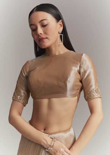 Copper Tissue Embroidered Saree With Heavy Hand Embroidery